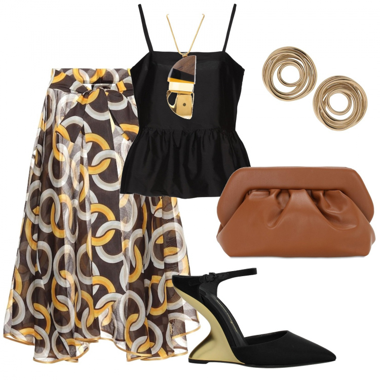 Outfit donna - Look bonne mine. Stile Chic per Cerimonia. look ideale per Petite. Abbinamento con top, zeppe, collane, gonne longuette, pochette, orecchini.