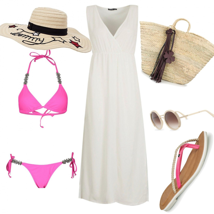 Outfit mujer - Bikini y bolso de paja. Estilo Chic para Mar. Combinación con sombreros, chanclas, gafas de sol, vestidos largos, bikini, bolso shopper.