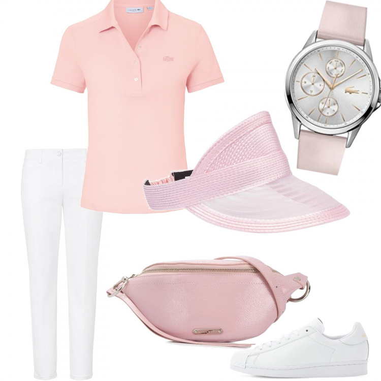 Outfit femme - Décontracté avec un polo. Style Basique pour Sport. Assortir avec polos, sneakers, montres analogiques, sacs banane, pantalon , chapeaux avec visière.