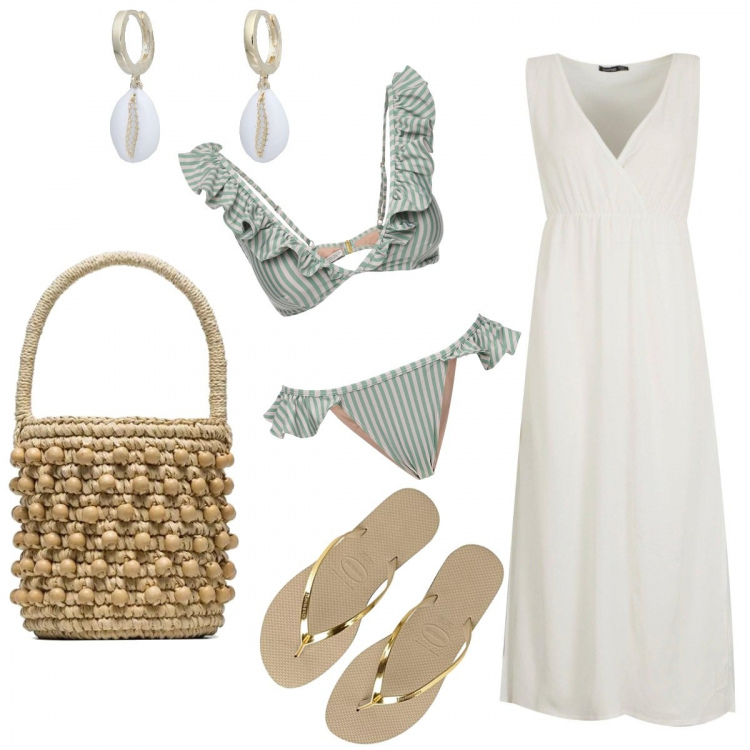 Outfit donna - Chic #24441. Stile Chic per Mare. Abbinamento con orecchini, vestiti lunghi, borse a secchiello, bikini, infradito, slip.