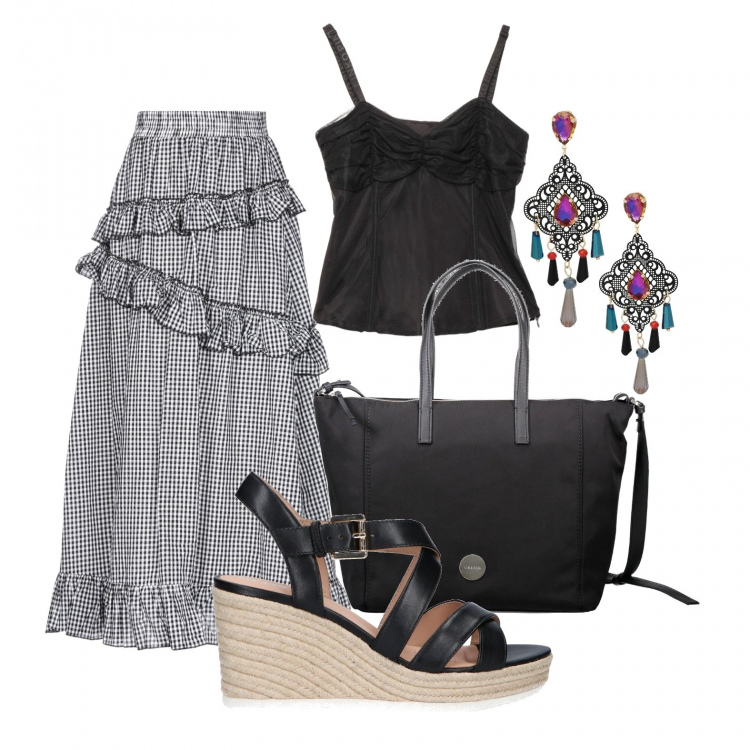 Outfit donna - Zeppe e maxi gonna. Stile Urban per Tutti i giorni. Abbinamento con gonne lunghe, top, orecchini, sandali, borse.