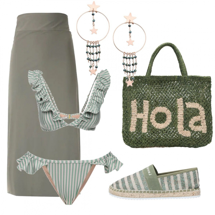 Outfit donna - Hola. Stile Trendy per Mare. Abbinamento con espadrillas, borse a mano, orecchini, vestiti da spiaggia, slip, bikini.