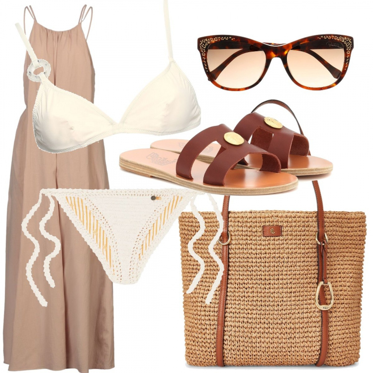 Outfit donna - Chic in spiaggia. Stile Chic per Mare. Abbinamento con vestiti da spiaggia, borse a spalla, occhiali da sole, reggiseni, costumi, sandali.