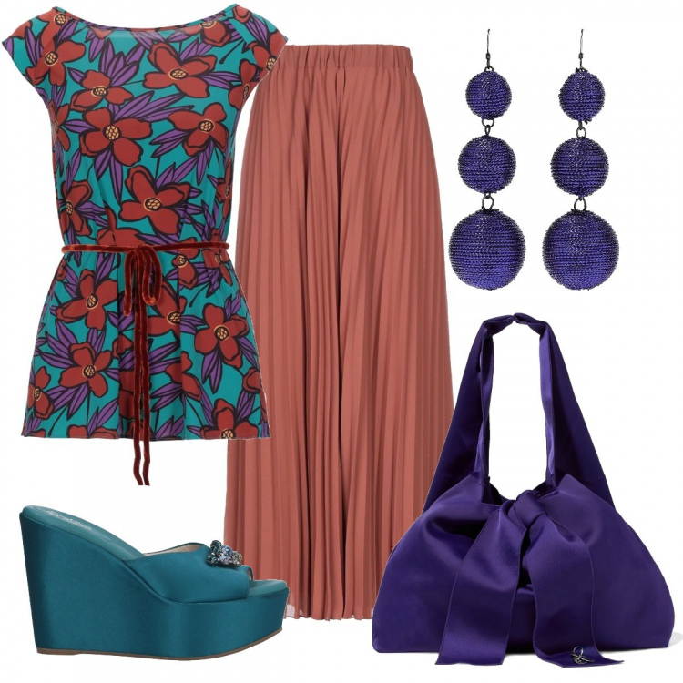 Outfit donna - Fiori d\'estate. Stile Trendy per Serata fuori. Abbinamento con t-shirt, gonne lunghe, sandali col tacco, borse a spalla, orecchini.