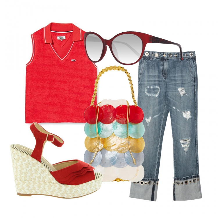 Outfit donna - Lo polo trendy. Stile Trendy per Tutti i giorni. Abbinamento con jeans, borse a mano, sandali, polo, occhiali da sole.