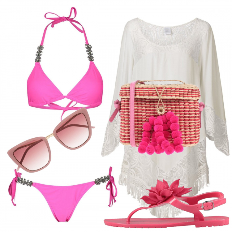 Outfit donna - Profumo di estate. Stile Trendy per Mare. Abbinamento con vestiti da spiaggia, borse a spalla, infradito, bikini, occhiali da sole.