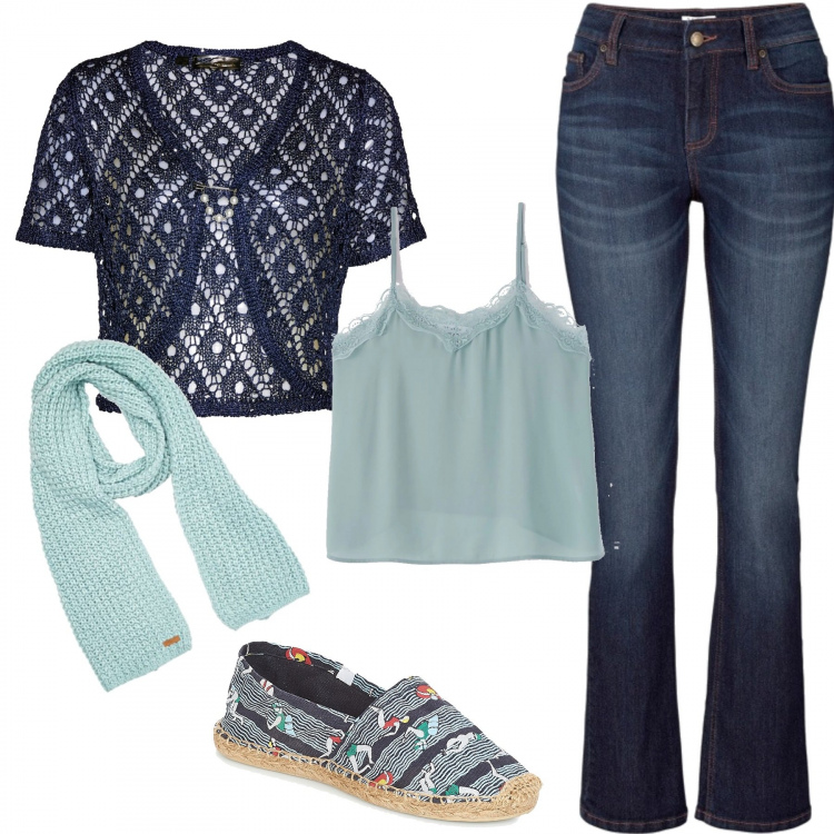 Outfit donna - Espadrillas. Stile Bon Ton per Tutti i giorni. Abbinamento con jeans bootcut, bolero, top, espadrillas, sciarpe.