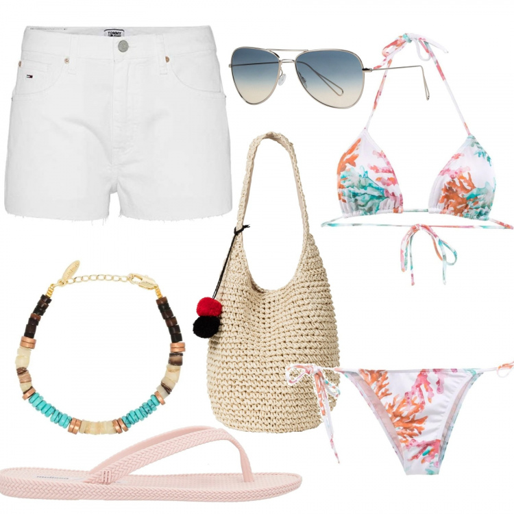 Outfit femme - Tout mini bikini. Style Sexy pour Plage. Assortir avec sac cabas, maillot de bain 2 pièces, short, bracelets, lunettes de soleil, tong.