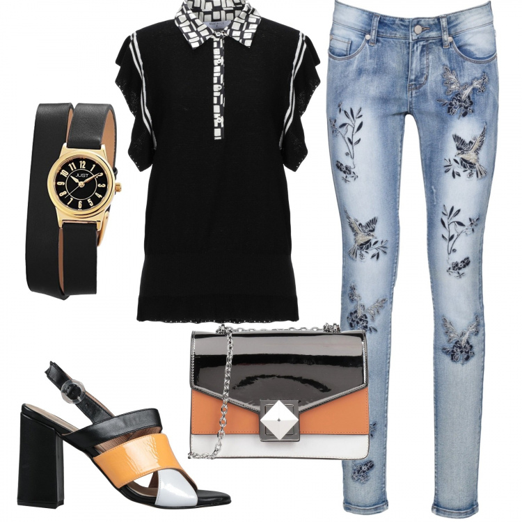 Outfit donna - Trendy originale. Stile Trendy per Tutti i giorni. Abbinamento con jeans skinny, sandali col tacco, pullovers, borse a tracolla, orologi.