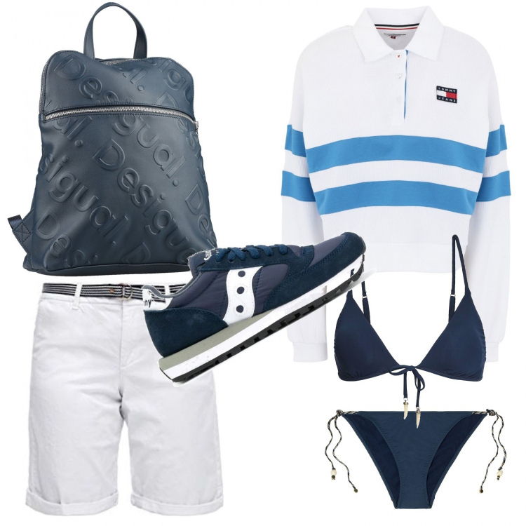 Outfit donna - Navigando verso Creta. Stile Basic per Mare. look ideale per Petite. Abbinamento con zaini, costumi, bikini, polo, sneakers, bermuda.