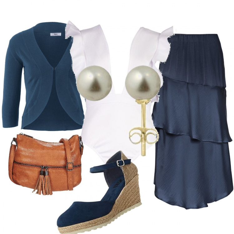 Outfit donna - Total look #628700. Abbinamento con gonne longuette, bolero, top, borsa a tracolla, sandali, orecchini.