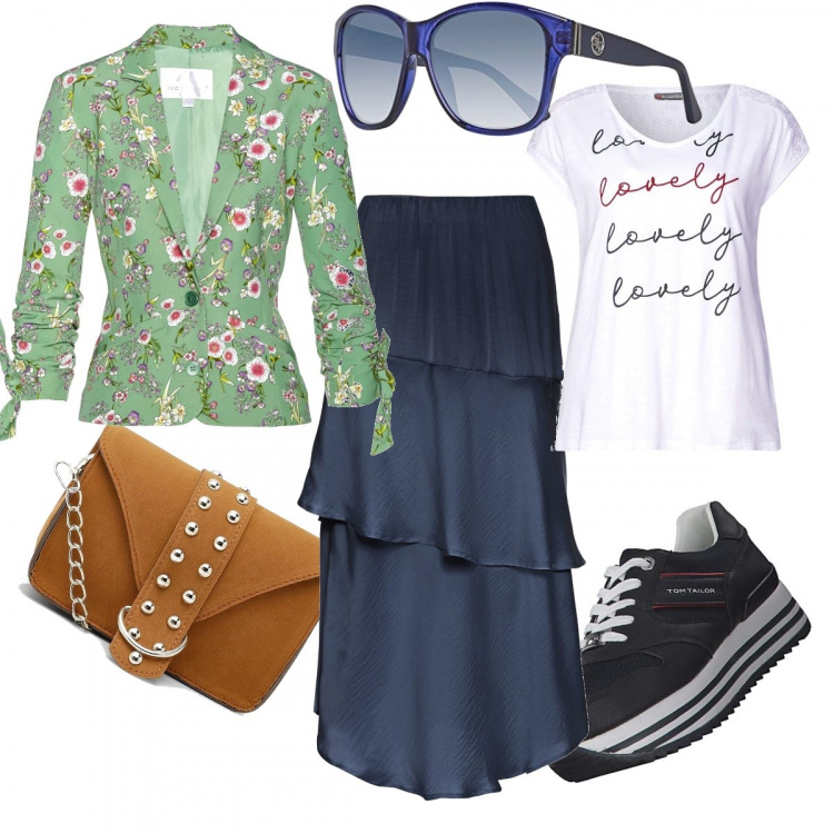 Outfit donna - Total look #628707. Abbinamento con gonne longuette, blazer, body, sneakers, t-shirt, occhiali da sole.