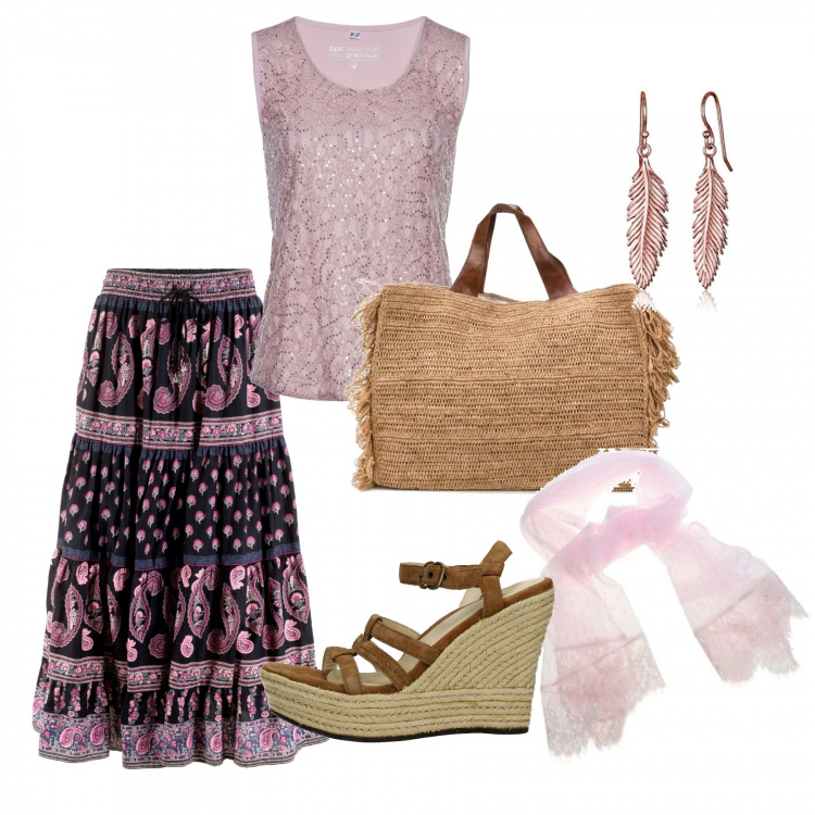 Outfit donna - Serata etnica. Stile Etnico per Serata fuori. Abbinamento con gonne lunghe, top, zeppe, borse tote, stole, orecchini.