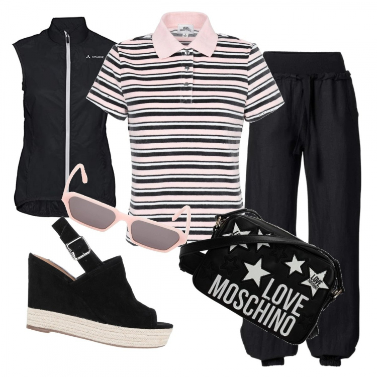 Outfit donna - Sugli spalti per la finale di tennis. Stile Trendy per Sport. Abbinamento con pantaloni, espadrillas, polo, borse a spalla, canottiere, occhiali da sole.