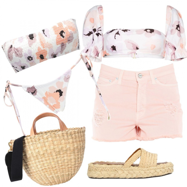 Outfit femme - Tendance bikini. Style Tendance pour Plage. Assortir avec sandales, jean déchiré, sacs, maillot de bain 2 pièces, maillot de bain 2 pièces, maillot de bain 2 pièces.