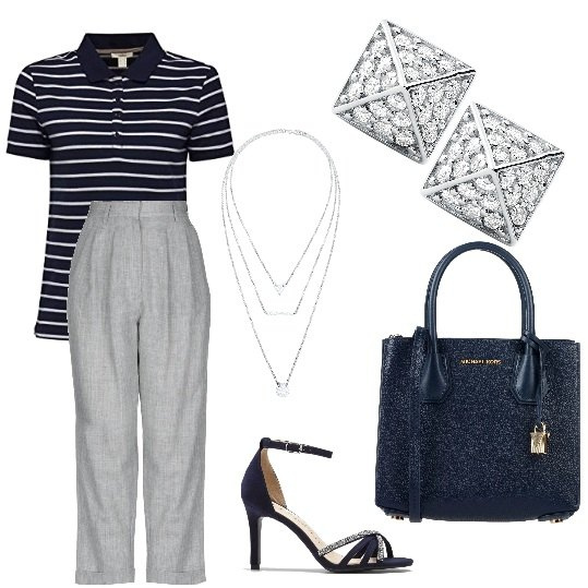 Outfit femme - Feminine en polo. Style Bon Ton pour Bureau. Assortir avec sandales à talon, t-shirts, colliers, boucles d'oreilles, sacs à main.