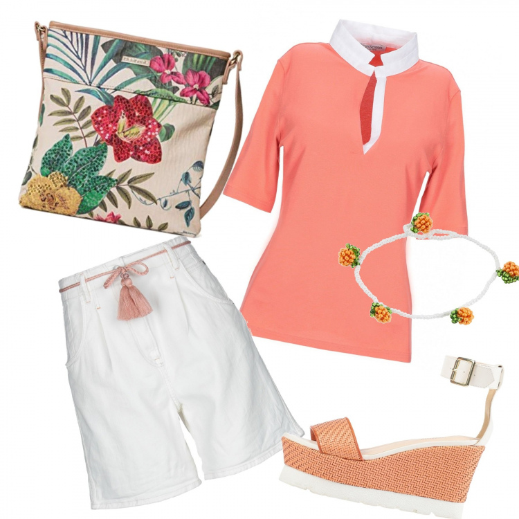 Outfit mujer - Trendy #45046. Estilo Trendy para Todos los días. Combinación con bandoleras, bermudas, sandalias romanas, camiseta, pulseras.