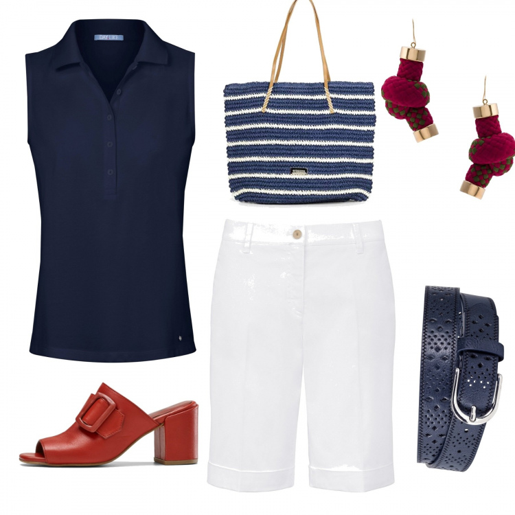 Outfit femme - Marin marine. Style Tendance pour Tous les jours. Assortir avec sabots, ceintures, bermuda, polos, boucles d'oreilles, sac cabas.