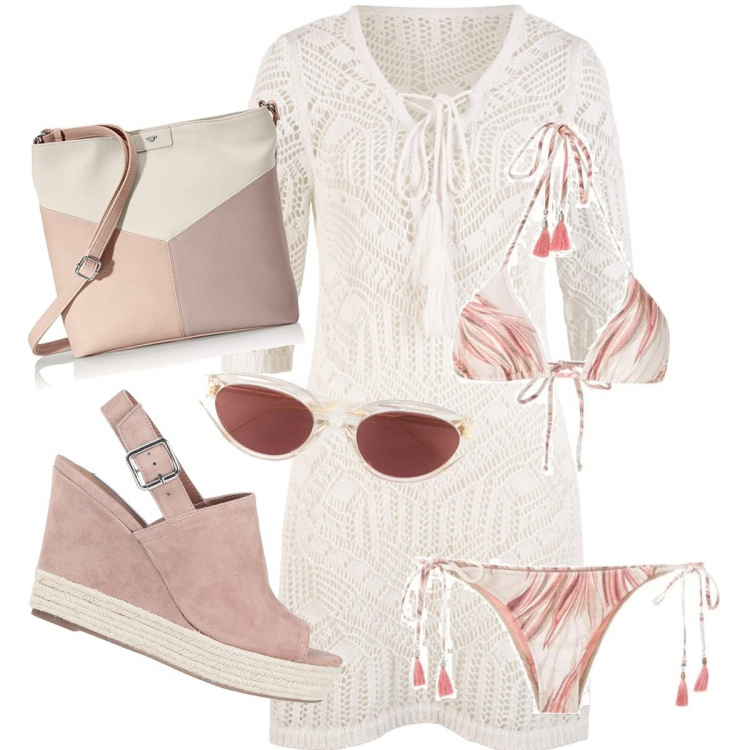 Outfit donna - Spiaggia. Stile Trendy per Mare. Abbinamento con vestiti da spiaggia, espadrillas, bikini, occhiali da sole, borse a spalla.