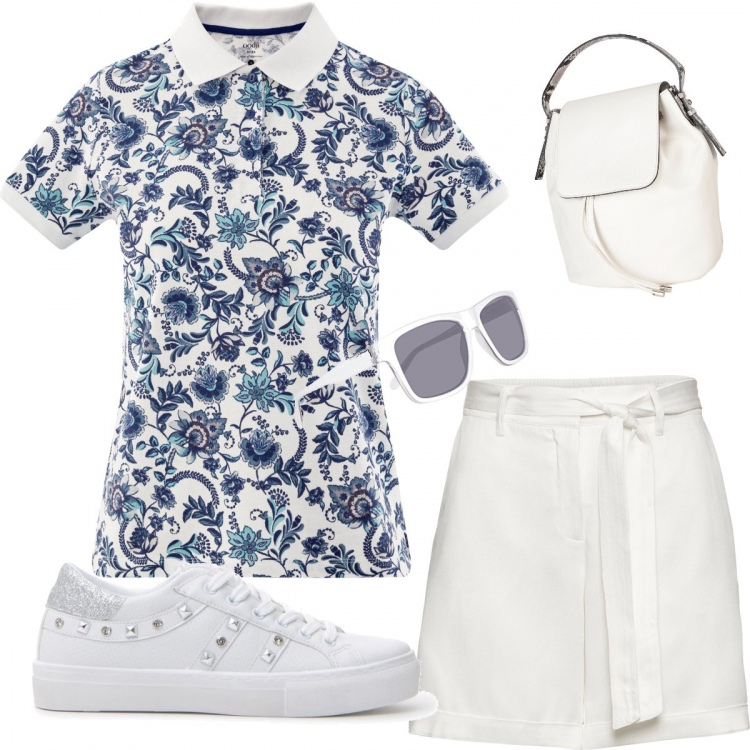 Outfit donna - Simply. Stile Basic per Tutti i giorni. Abbinamento con shorts, zaini, polo, sneakers, occhiali da sole.