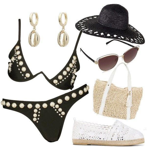 Outfit femme - Bikini et sac en paille. Style Bon Ton pour Plage. Assortir avec sac cabas, espadrilles, chapeaux, maillot de bain 2 pièces, boucles d'oreilles, lunettes de soleil.