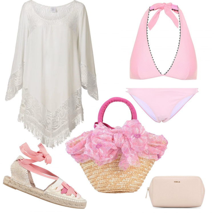 Outfit donna - Bon ton in spiaggia. Stile Chic per Mare. Abbinamento con vestiti da spiaggia, espadrillas, borse a mano, portafogli, bikini, bikini.