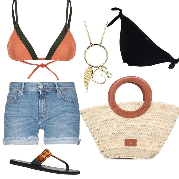 Outfit femme - Journée plage. Style Tendance pour Plage. Assortir avec hauts, short, sac cabas, tong, colliers et pendantifs, slip.