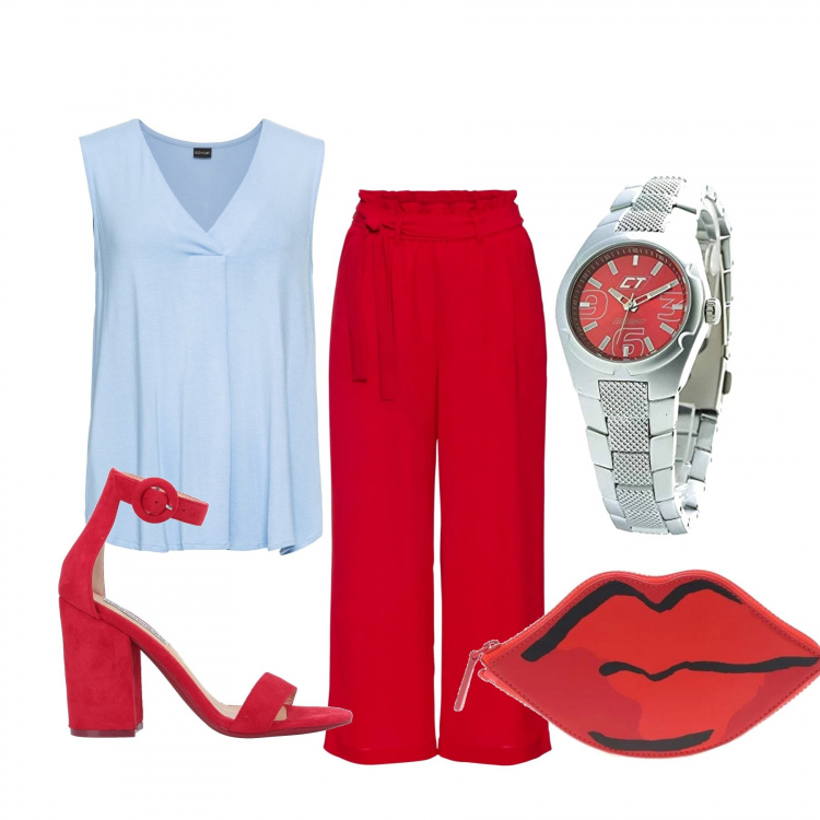Outfit donna - Basic #27834. Stile Basic per Ufficio. Abbinamento con top, pantaloni culotte, sandali col tacco, borse tote, orologi.