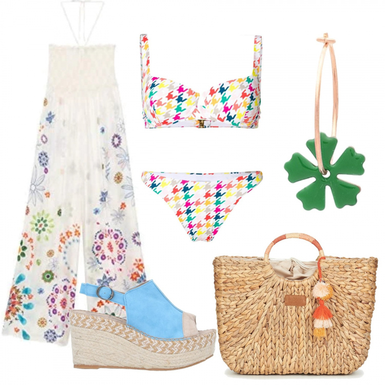 Outfit mujer - Bikini. Estilo Chic para Mar. Combinación con ropa de playa, bolso shopper, bikini, sandalias de tacón, pendientes.