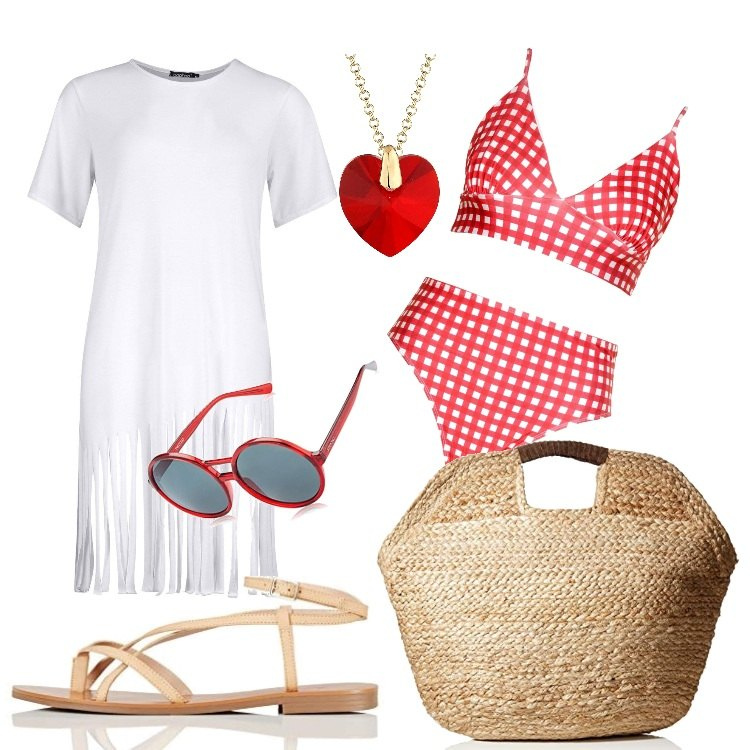 Outfit mujer - Día de playa. Estilo Basic para Mar. Combinación con bolsos de mano, sandalias, gafas graduadas, colgantes, bikini, vestidos.