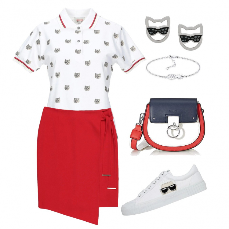 Outfit femme - Polo trendy cats. Style Urban pour Tous les jours. Assortir avec jupes au genou, polos, sneakers, sacs en bandoulière, lunettes de soleil, bracelets.