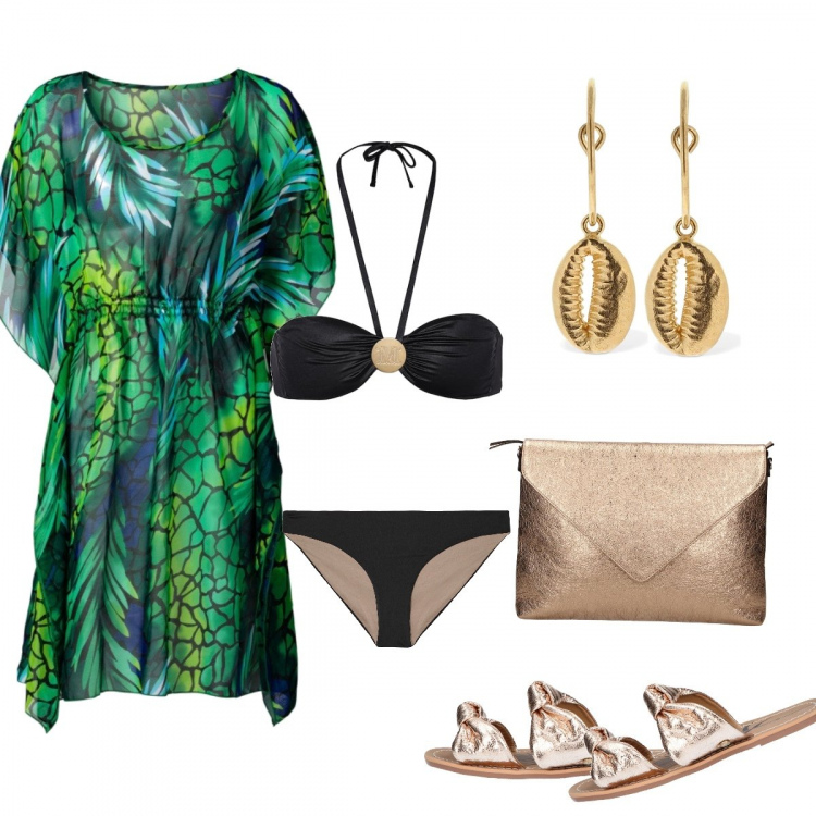Outfit donna - Aperitivo in riva al mare. Stile Trendy per Mare. Abbinamento con vestiti da spiaggia, costumi, borsa, bikini, infradito, orecchini.