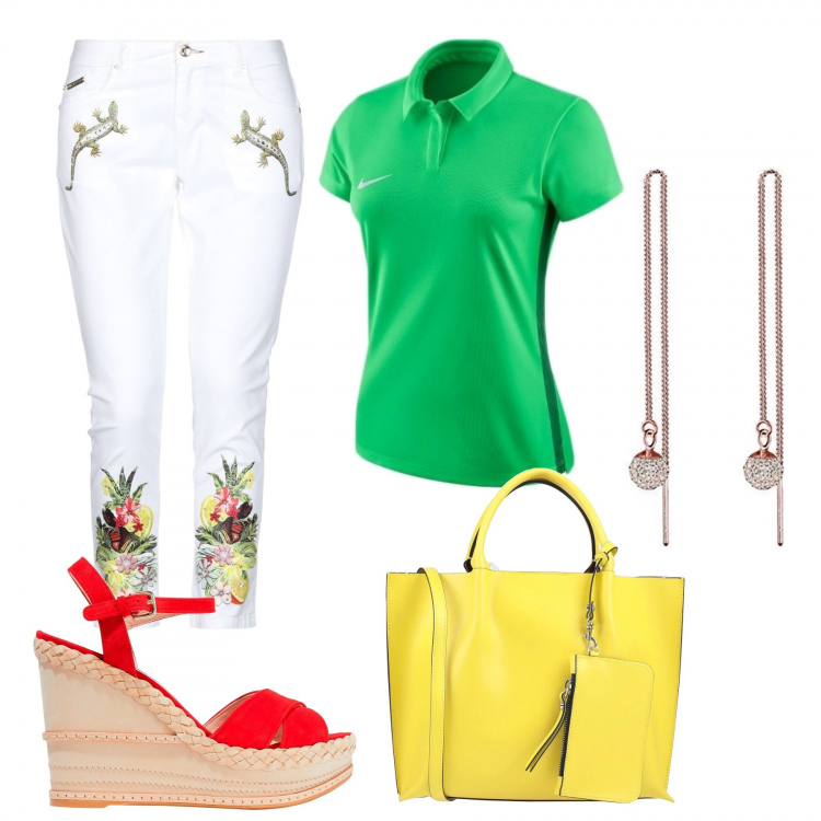 Outfit mujer - Polo. Estilo Basic para Todos los días. Combinación con colgantes, polo, pantalones, bolsos, sandalias.