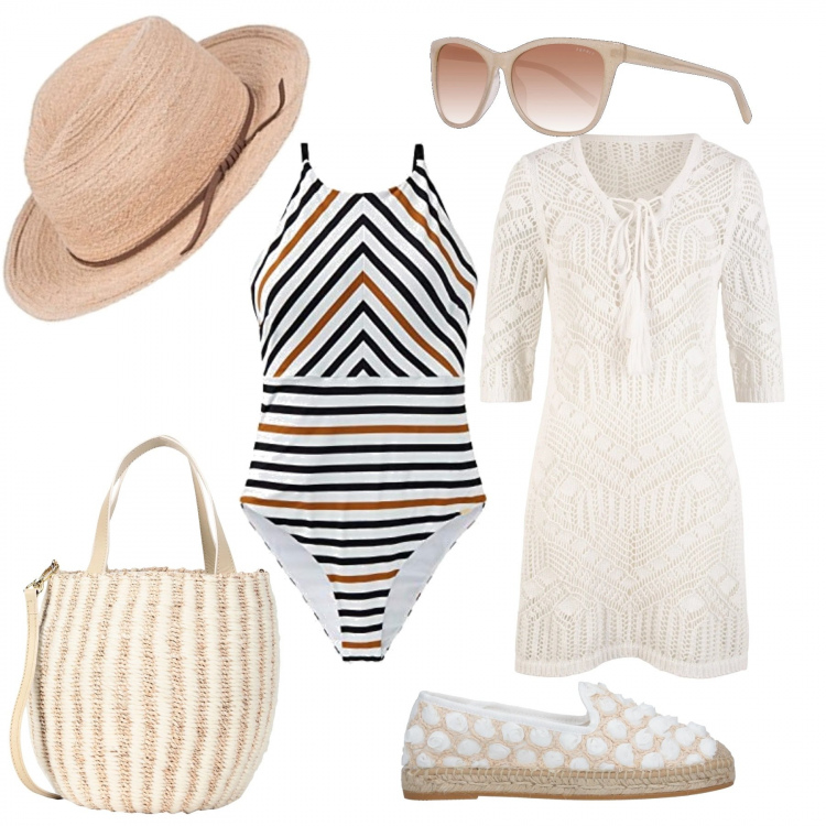 Outfit donna - Espadrillas e toni neutri. Stile Trendy per Mare. Abbinamento con vestiti da spiaggia, espadrillas, borse a mano, costumi interi, occhiali da sole, cappelli.