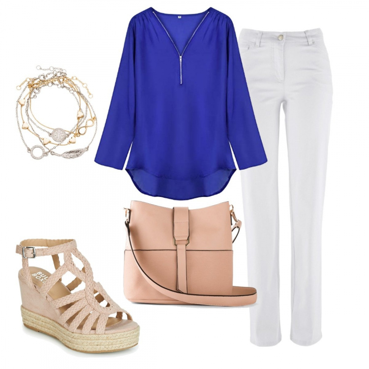 Outfit donna - Camicia di chiffon. Stile Trendy per Tutti i giorni. Abbinamento con pantaloni, braccialetti con ciondoli, borse a spalla, sandali, pullovers.