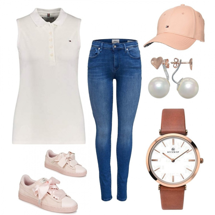 Outfit mujer - Pija, ¿y qué?. Estilo Basic para Todos los días. Combinación con polo, reloj, pendientes, sombreros o gorros con visera, sneakers, vaqueros.