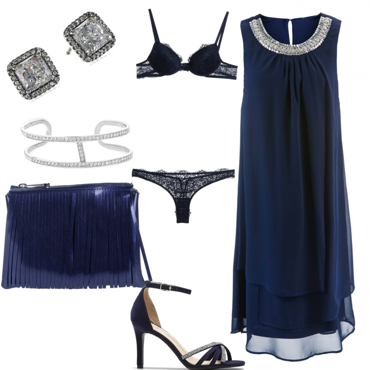Outfit femme - Chic en bleu marine. Style Chic pour Soirée dehors. Assortir avec robes longues, sandales à talon, sacs à main, boucles d'oreilles, bracelets.