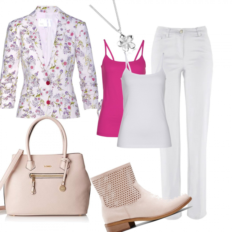 Outfit donna - La primavera in ufficio. Stile Chic per Ufficio. look ideale per Petite. Abbinamento con pantaloni, blazer, stivaletti, top, borse a secchiello, ciondoli.