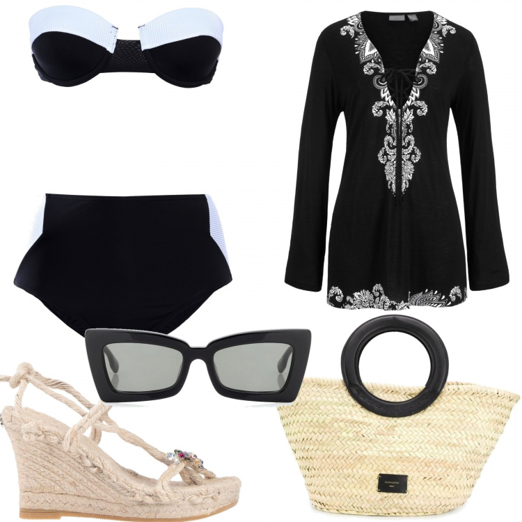 Outfit donna - Una giornata al mare. Stile Trendy per Mare. Abbinamento con vestiti da spiaggia, bikini, infradito, borse tote, occhiali da sole.