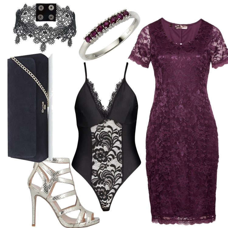 Outfit femme - Élégance sophistiquée. Style Chic pour Soirée dehors. Assortir avec robes longues, sandales en cuir, bagues, pochette, colliers, body.