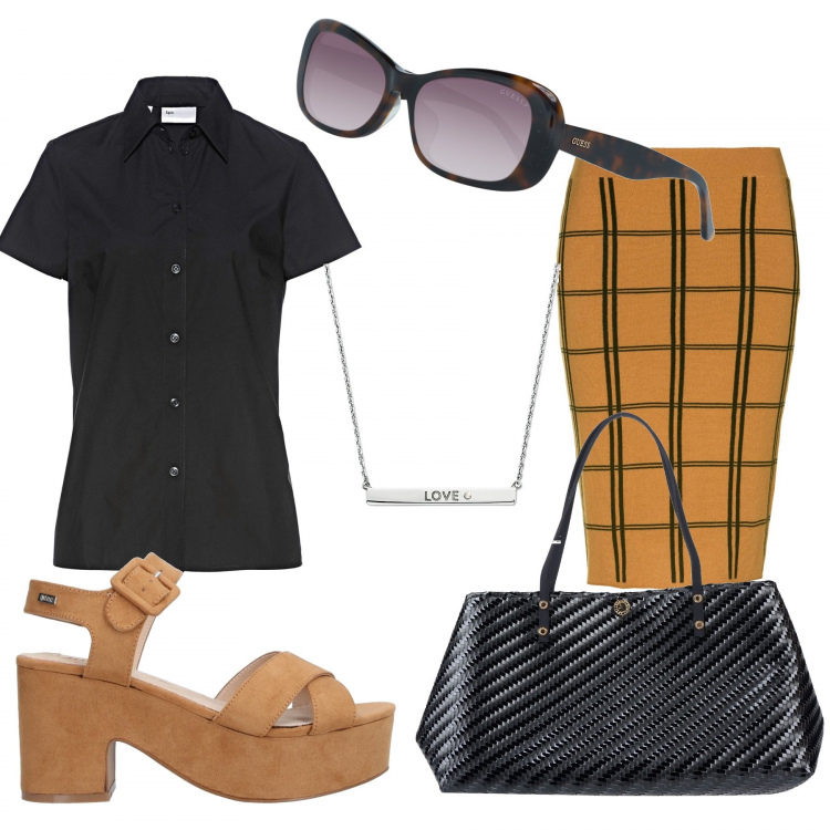 Outfit donna - Impiegata del mese. Stile Chic per Ufficio. Abbinamento con camicie a manica corta, gonne, borse a mano, sandali col tacco, occhiali da sole, collane.