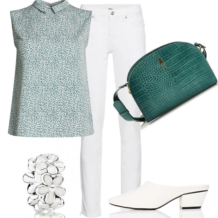 Outfit donna - Total white e un po\' di verde. Stile Basic per Ufficio. Abbinamento con jeans skinny, camicie, ciondoli, borse a tracolla, sabot.