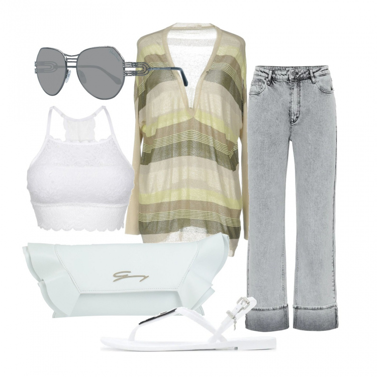 Outfit donna - Luglio, giornata fresca. Stile Trendy per Tutti i giorni. Abbinamento con reggiseni, pullovers, sandali, jeans, occhiali da sole.