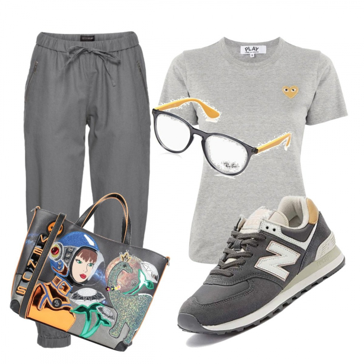 Outfit donna - Spesa mattutina. Stile Trendy per Tutti i giorni. Abbinamento con pantaloni, borse a mano, t-shirt, sneakers.