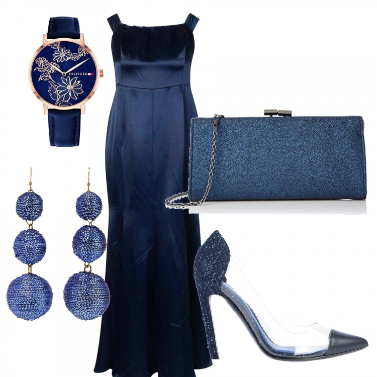 Outfit femme - Bleu nuit. Style Chic pour Soirée dehors. Assortir avec robes longues, chaussures à talon, boucles d'oreilles, pochette, montres analogiques.