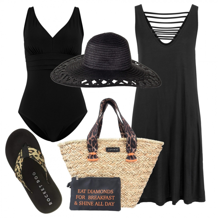 Outfit donna - Curvy in Spiaggia. Stile Etnico per Mare. Abbinamento con vestiti da spiaggia, costumi interi, cappelli, borse a mano, infradito.