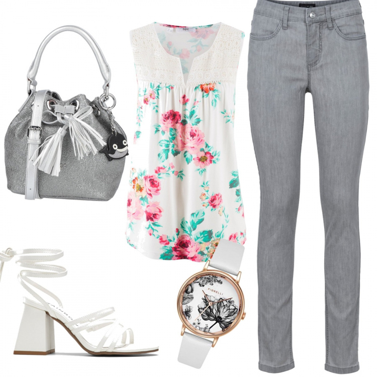 Outfit donna - Casuality. Stile Basic per Tutti i giorni. Abbinamento con jeans skinny, top, sandali col tacco, borse a mano, orologi analogici.