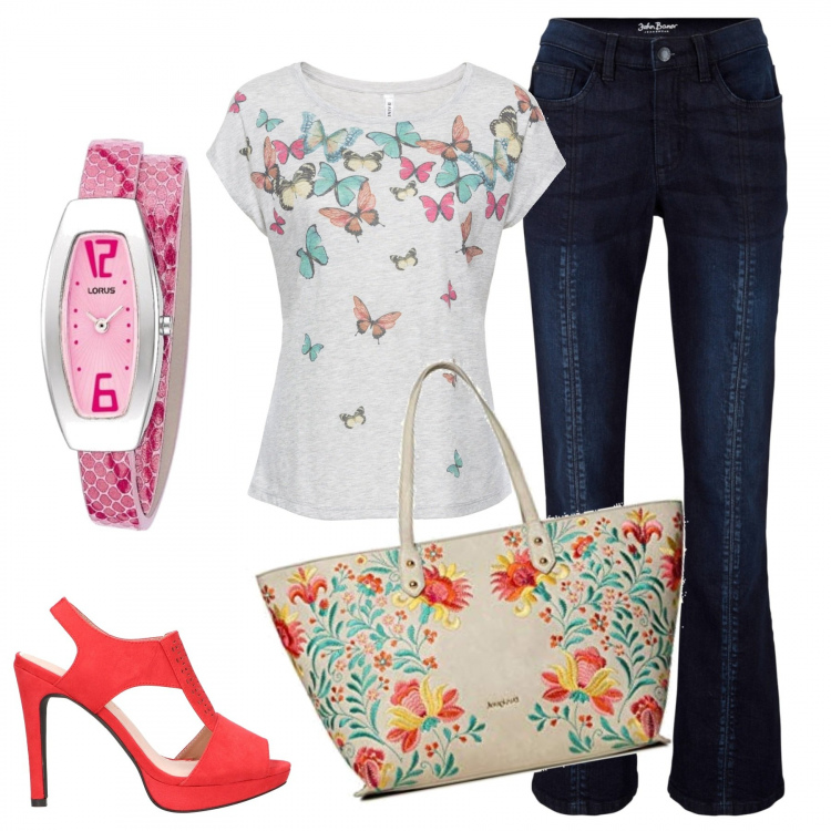 Outfit donna - Essere insolito. Stile Trendy per Tutti i giorni. Abbinamento con maglieria, jeans bootcut, borse a mano, sandali in pelle, orologi.