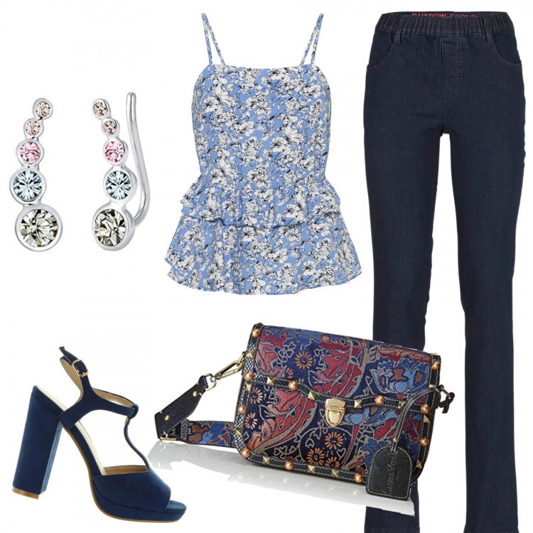 Outfit donna - Esclusivamente blu. Stile Trendy per Tutti i giorni. Abbinamento con jeggings, bluse, sandali, borse a tracolla, orecchini.