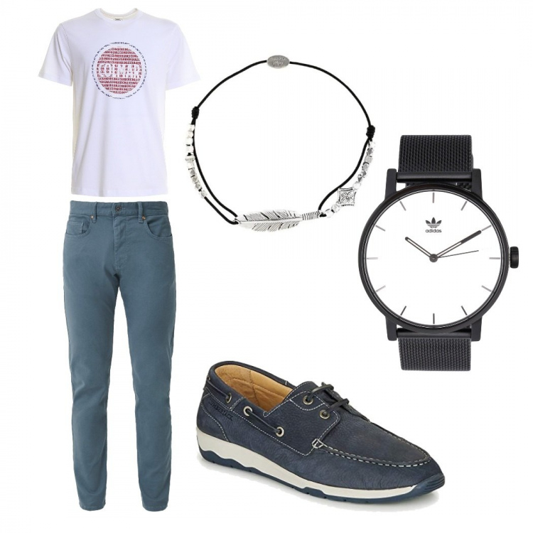 Outfit uomo - Casual #14266. Stile Casual per Tutti i giorni. Abbinamento con braccialetti, orologi, jeans slim fit, t-shirt, scarpe.